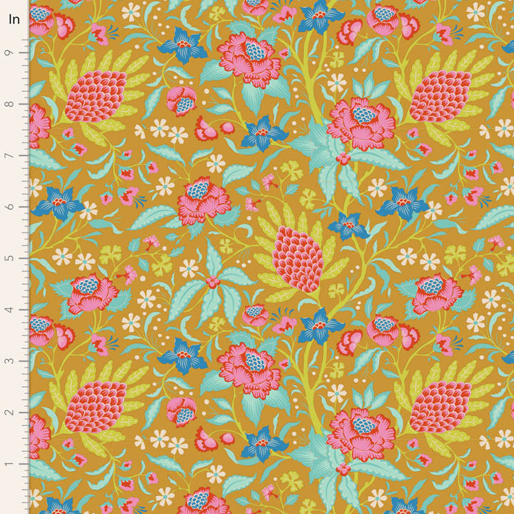Tilda Bloomsville Flowertangle Mustard puuvillakangas, värikäs kukkakuosi kesäisiin käsitöihin.