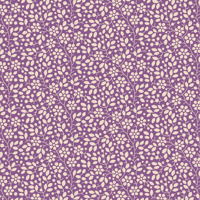 Tilda Pie in the Sky Cloudpie Grape -kangas: pieniä kukkakuvioita lämpimän lilan sävyisellä pohjalla, täydellinen kevään ja kesän käsitöihin.