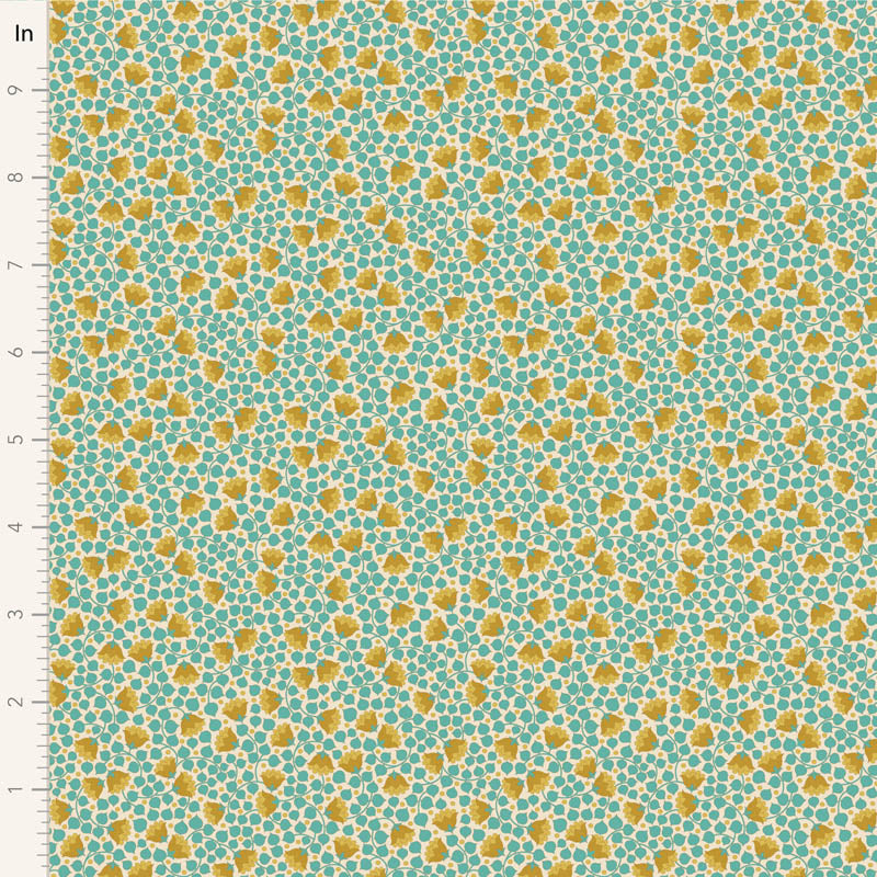 Tildan Wallflower-kokoelman Bellflower Teal -kangas: pieniä kukkakuvioita turkoosi ja keltaisella sävyisellä, täydellinen käsitöihin.