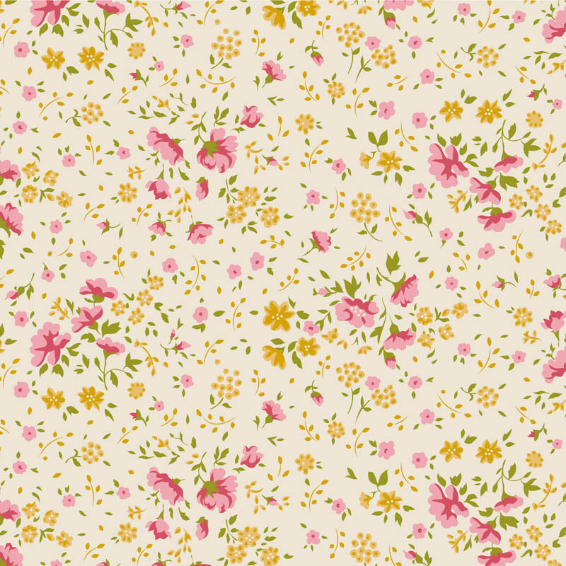 Tilda Wideback Basics Ellie Pink/Yellow takakangas kaltaisin ja vaaleanpunaisin kukin luonnonvalkoisella pohjalla, leveys 274 cm