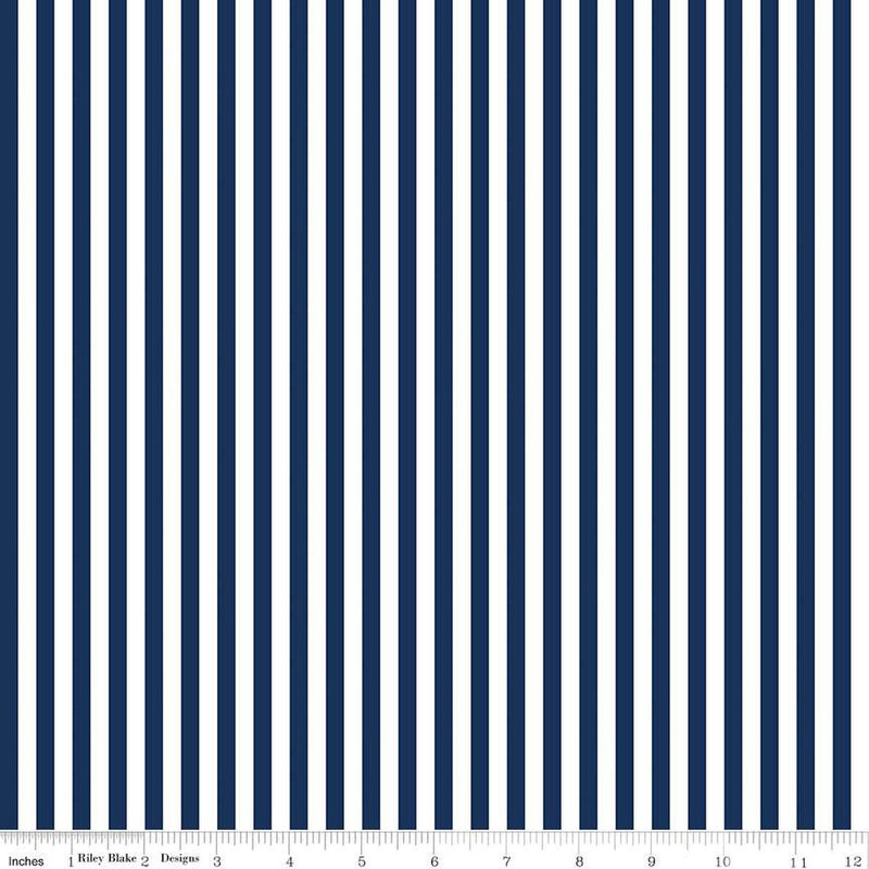 Riley Blake Designs 1/4" Stripes Navy raidallinen puuvillakangas, 6 mm leveä musta-valkoinen raitakuvio, täydellinen tilkkutöihin ja käsitöihin, tummansininen