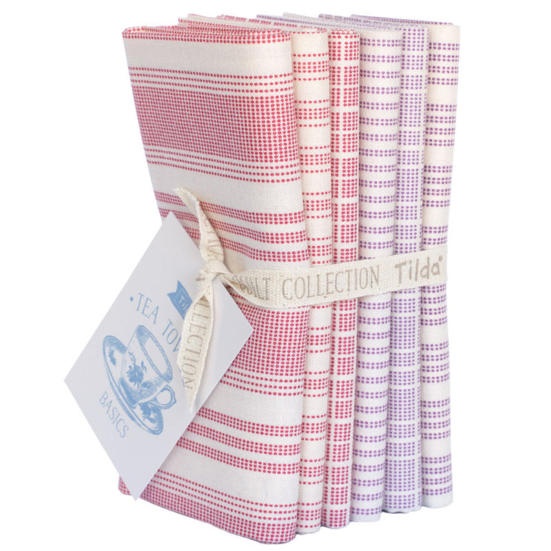 Tildan TeaTowel kokoelmasta puna-lila sävyisiä kankaita, kuusi kpl