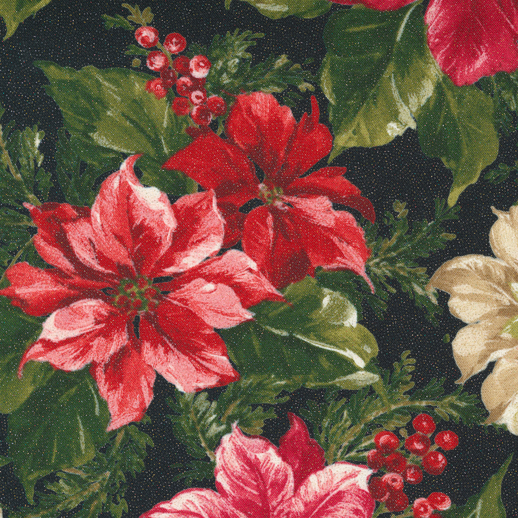 Sparkle and Shine Glitter - 33600-15GL Black Large Poinsettia cotton fabric