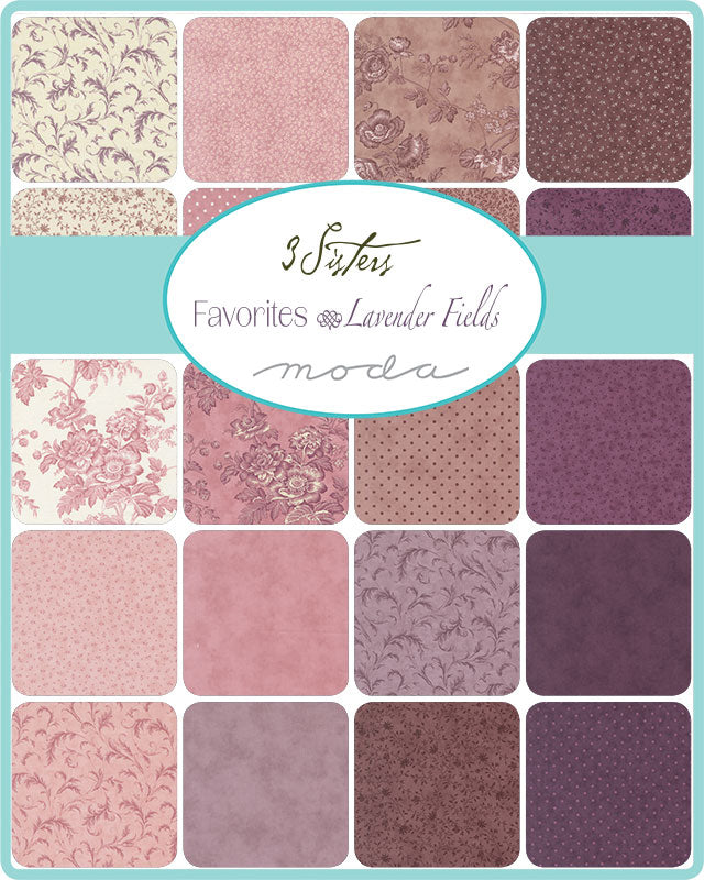 3 Sisters – Lavender Fields fat quarter -kangasnippu, 21 kpl vihreän ja beigen sävyissä, vintage-tyylisiä kukka- ja lehtikuvioita.