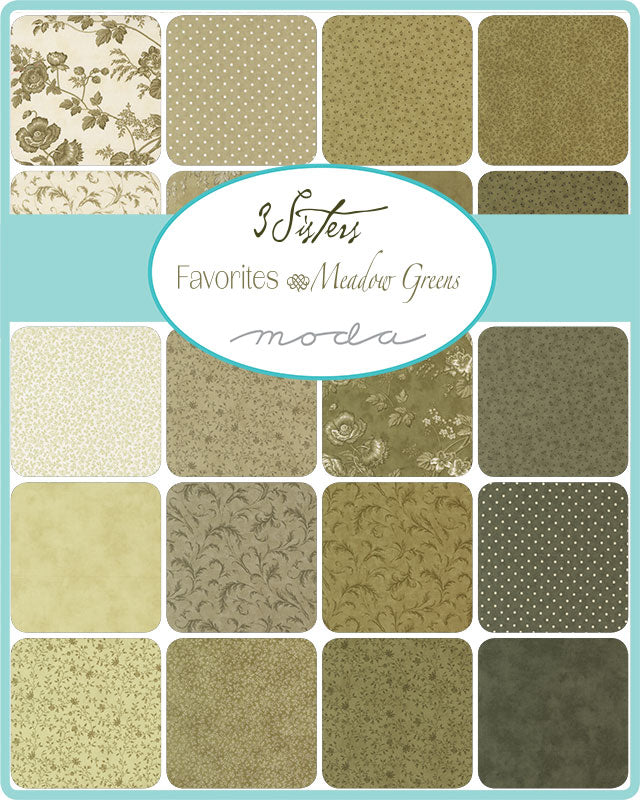 3 Sisters – Meadow Greens fat quarter -kangasnippu, 21 kpl vihreän ja beigen sävyissä, vintage-tyylisiä kukka- ja lehtikuvioita.