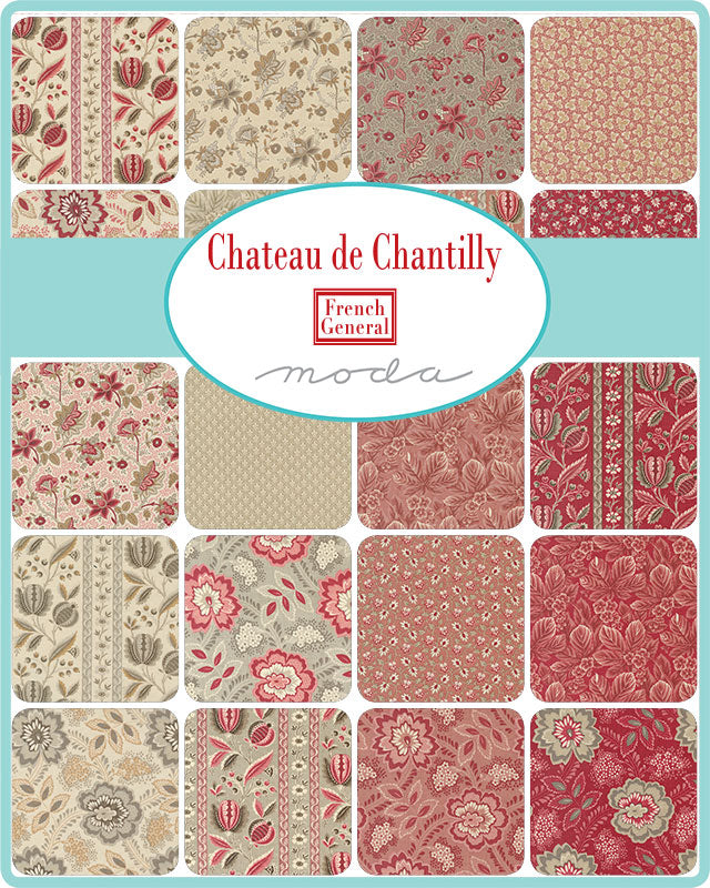 French General Chateau de Chantilly Fat Quarter -nippu, 38 kpl romanttisia kukkakuoseja ja ranskalaisia sävyjä tilkkutöihin, kangaspalat 45 x 55 cm.