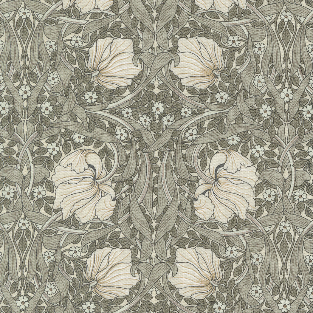 Barbara Brackmanin suunnittelema Ebony Suite -kokoelman 8380-13 Pimpernel Flowers Porcelain -puuvillakangas, jossa on Morris-tyylinen kuvio.