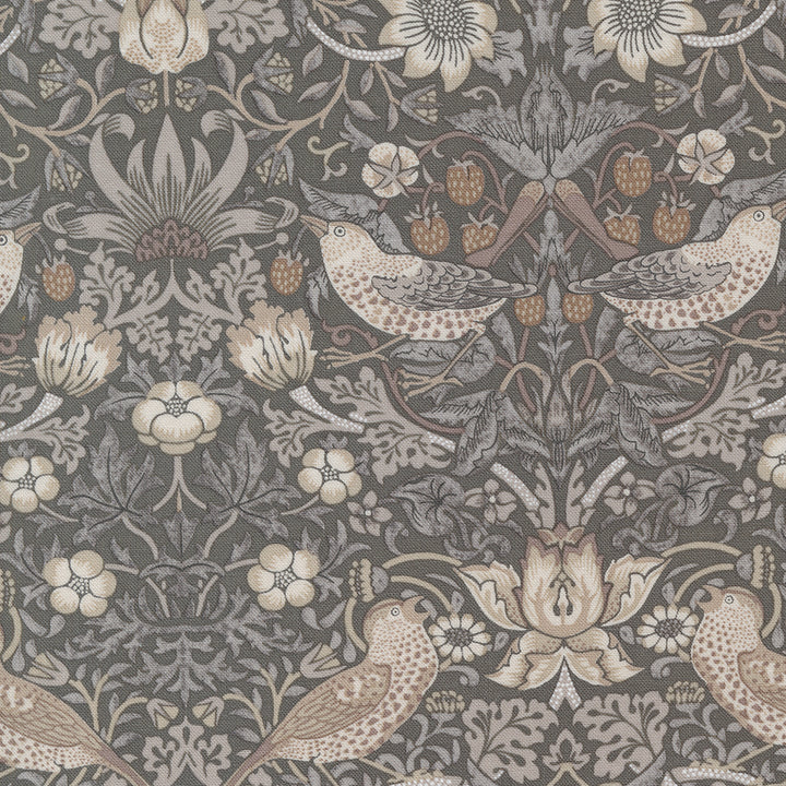 Barbara Brackmanin suunnittelema Ebony Suite -kokoelman 8382-14 Strawberry Thief Charcoal -puuvillakangas, jossa on Morris-tyylinen kuvio.