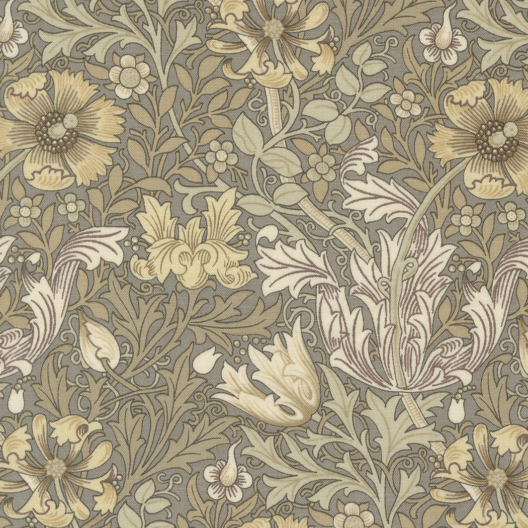 Barbara Brackmanin suunnittelema Ebony Suite -kokoelman 8383-13 Compton Dove -puuvillakangas, jossa on Morris-tyylinen kuvio.