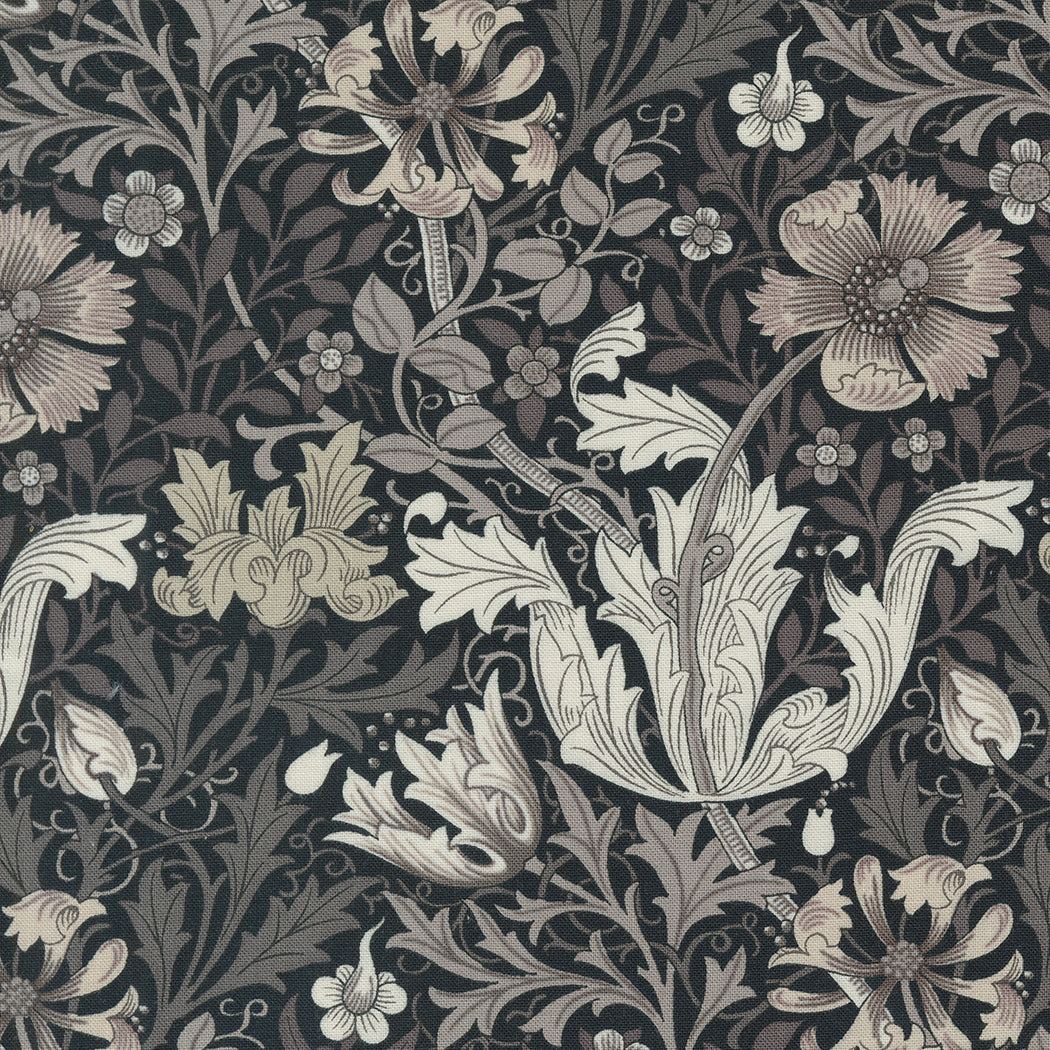 Barbara Brackmanin suunnittelema Ebony Suite -kokoelman 8383-16 Compton Ebony -puuvillakangas, jossa on Morris-tyylinen kuvio.