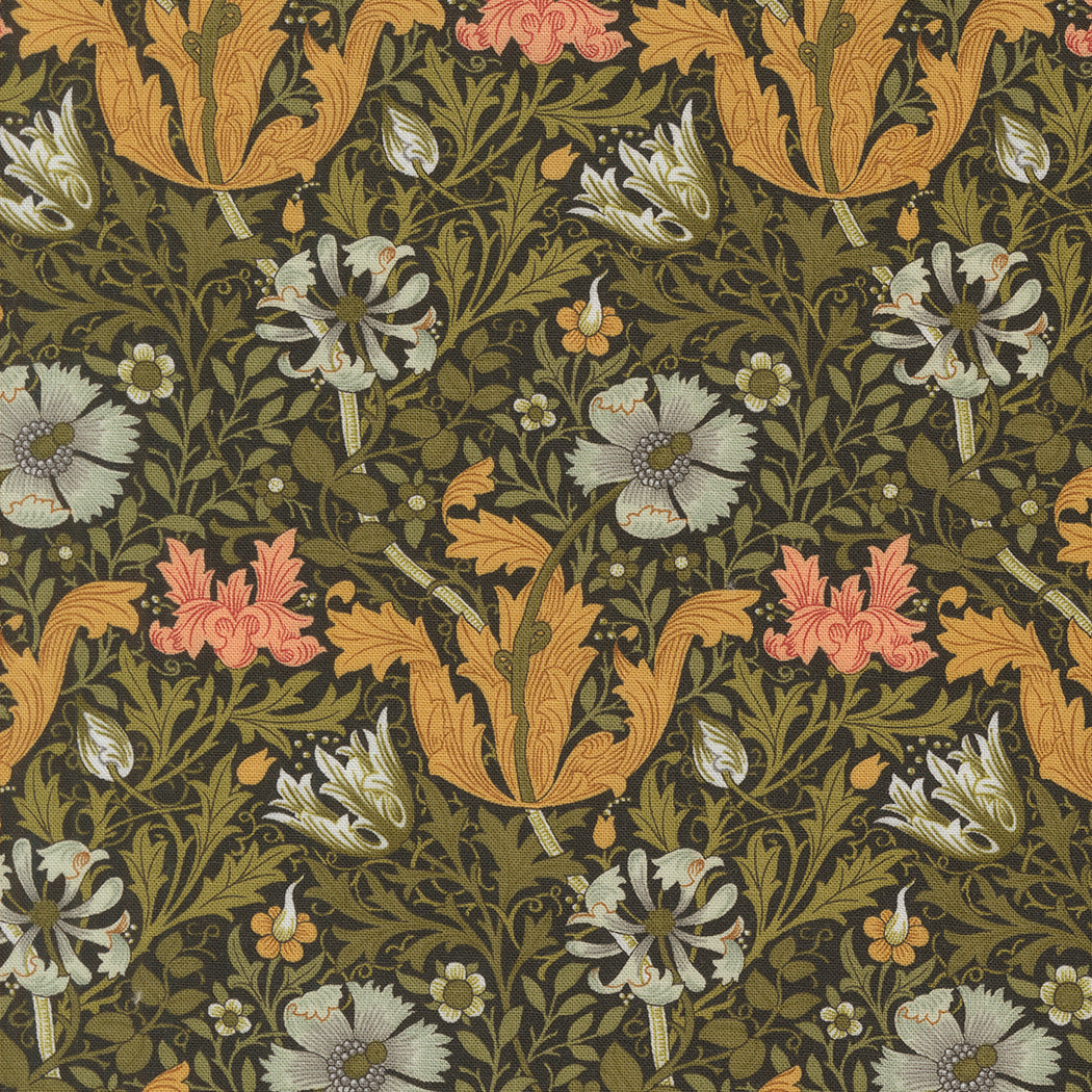 Barbara Brackmanin Morris Manor kokoelman 8390-14 Compton Florals Ebony puuvillakangas, kukka ja lehtikuviot mustalla pohjalla