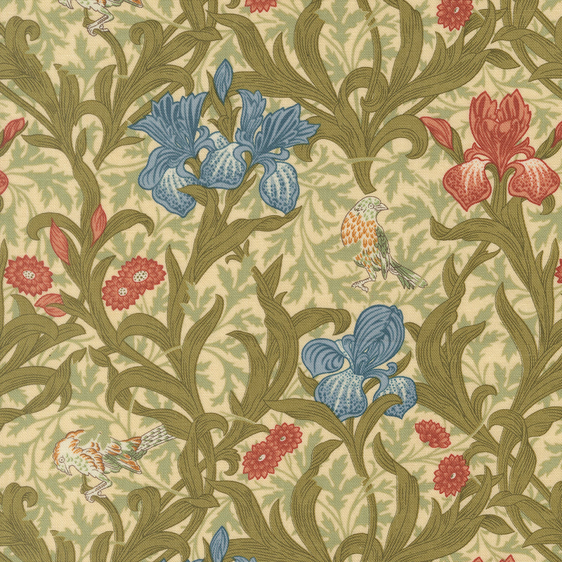 Barbara Brackmanin Morris Muse -kokoelman 13380-11 Iris Parchment -puuvillakangas – klassinen William Morris -kuosi, jossa lintuja, kukkia ja lehtikuvioita vaalealla pohjalla.