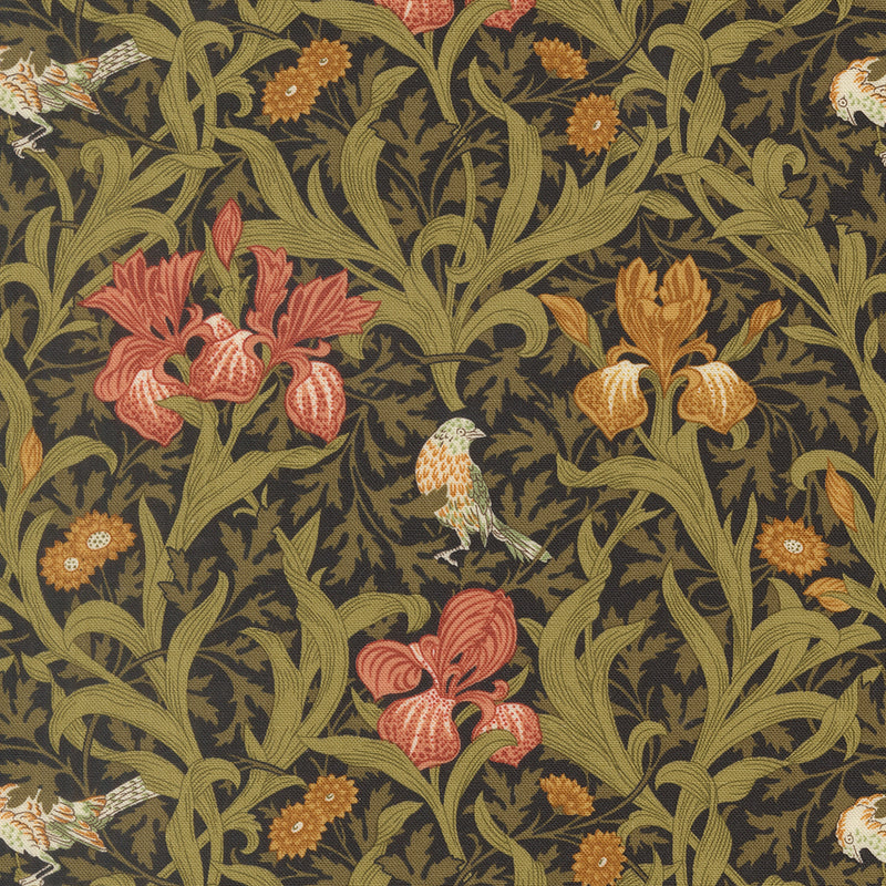 Barbara Brackmanin Morris Muse -kokoelman 13380-15 Iris Ebony -puuvillakangas – klassinen William Morris -kuosi, jossa lintuja, kukkia ja lehtikuvioita tummalla pohjalla.