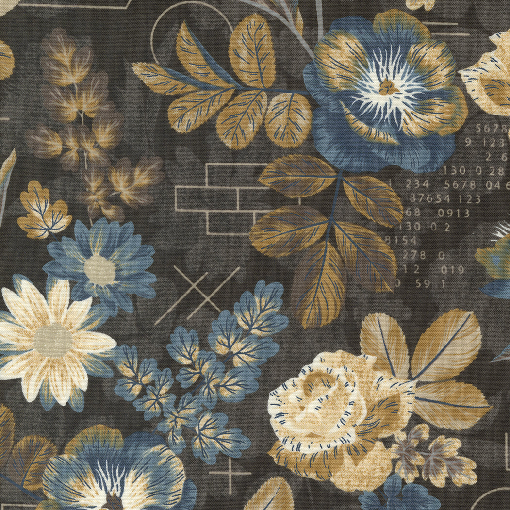 BasicGrey Decorum Grace Grounded Floral Charcoal puuvillakangas tummanruskealla pohjalla ja modernilla sinisellä kukkakuosilla, korkealaatuista puuvillaa tilkkutöihin ja ompeluun.