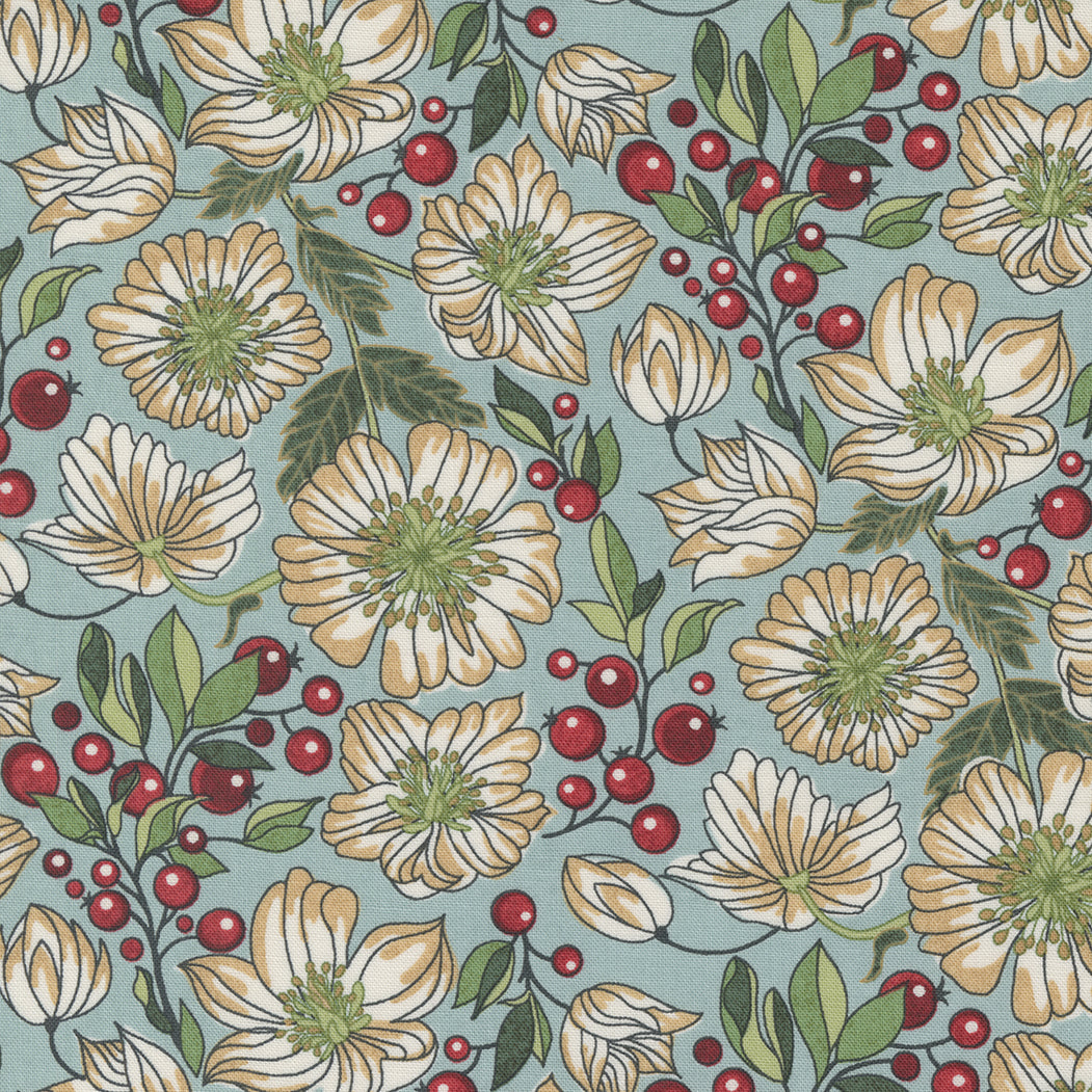 Joulukuvioinen puuvillakangas: vaaleat jouluruusut ja punaiset marjat siniharmaalla taustalla. BasicGrey Jolly Good -kokoelma, Moda Fabrics.