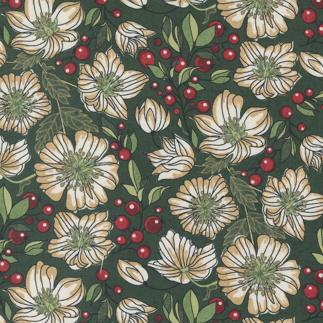 Joulukuvioinen puuvillakangas: vaaleat jouluruusut ja punaiset marjat vihreällä taustalla. BasicGrey Jolly Good -mallisto, Moda Fabrics.