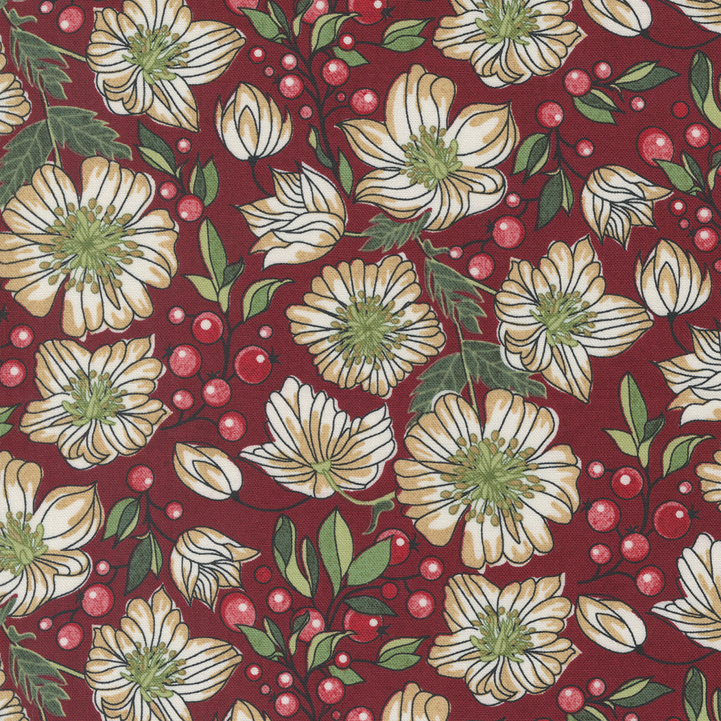 Joulukuvioinen puuvillakangas: vaaleat jouluruusut ja punaiset marjat punaisella taustalla. BasicGrey Jolly Good -kokoelma, Moda Fabrics.