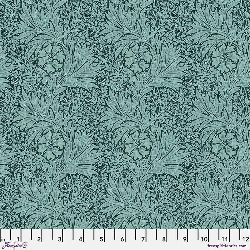 Bedford Park Marigold Teal puuvillakangas, klassinen kukkakuosi merenvihreän sävyssä