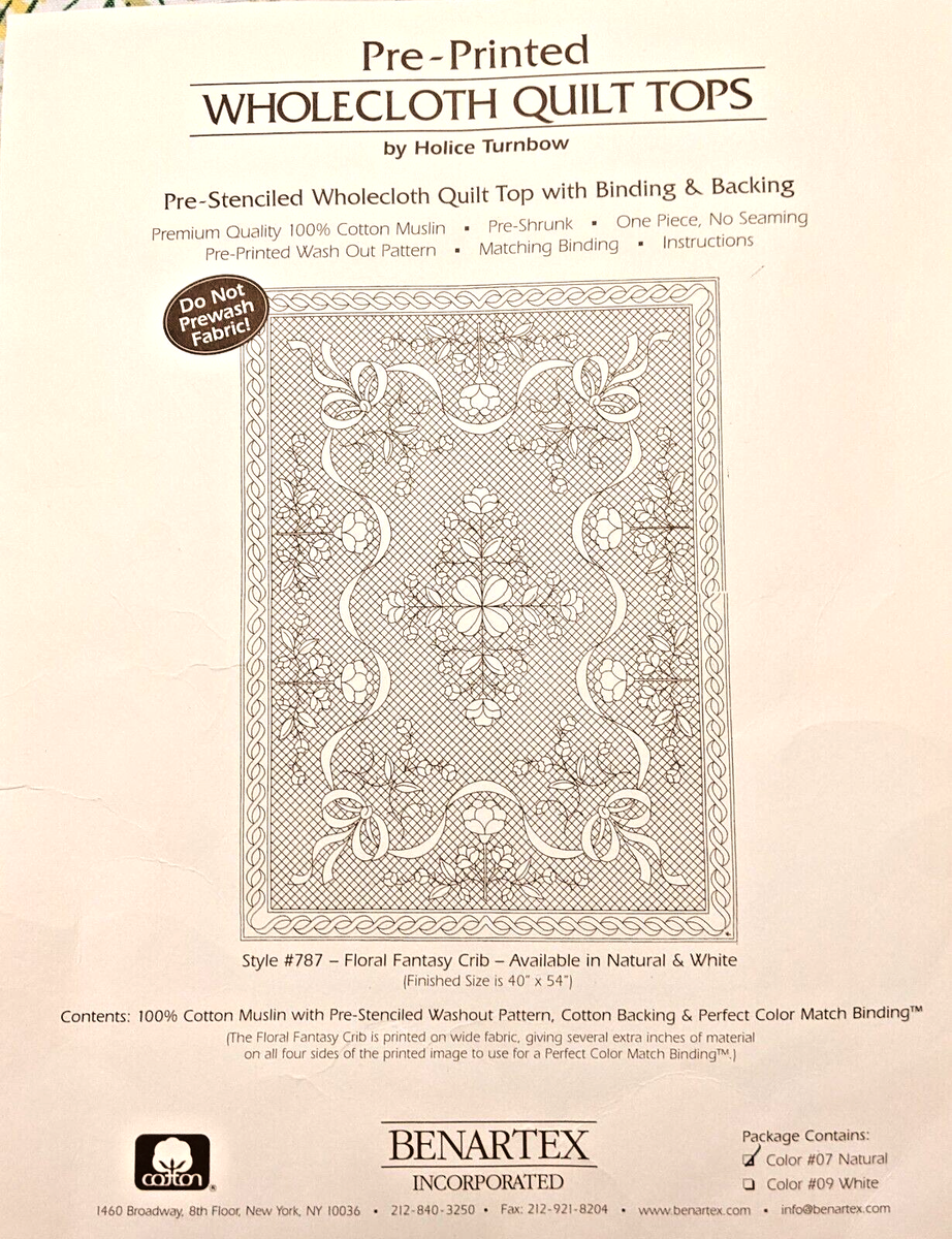 Esipainettu Bernartex Wholecloth -peitonpäällinen Floral Fantasy -mallilla. Valmistettu 100% puuvillamusliinista, valmis käsin tikattavaksi. Koko n. 102 cm x 132 cm.