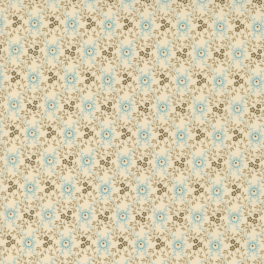 Lydia's Lace 31687-12 Biscuit Aqua London Grace -puuvillakangas, Betsy Chutcianin suunnittelema, klassinen kukkakuvio valealla pohjalla.