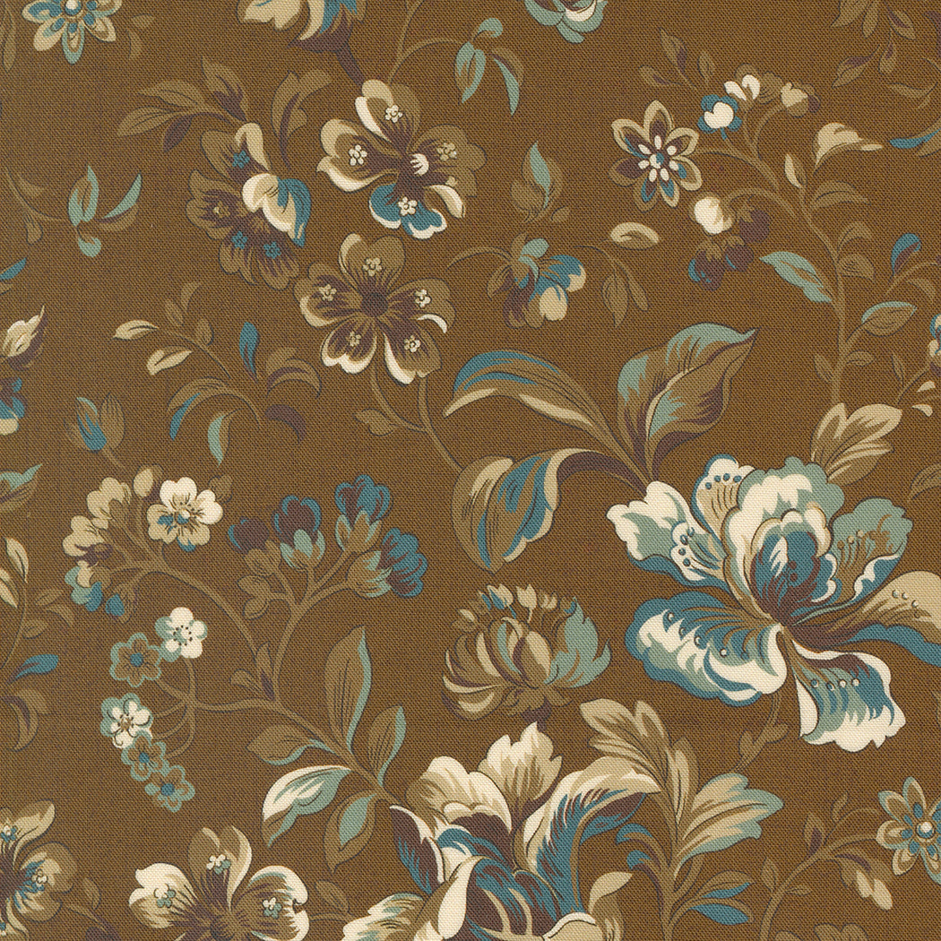 ydia's Lace 31680-19 Cocoa Elegance Florals -puuvillakangas, Betsy Chutcianin suunnittelema, klassinen kukkakuvio lämpimissä kaakaosävyissä.