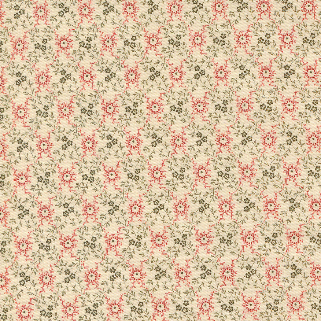 Lydia's Lace 31687-11 Biscuit Crimson London Grace-puuvillakangas, Betsy Chutcianin suunnittelema, klassinen kukkakuvio vaalealla pohjalla.