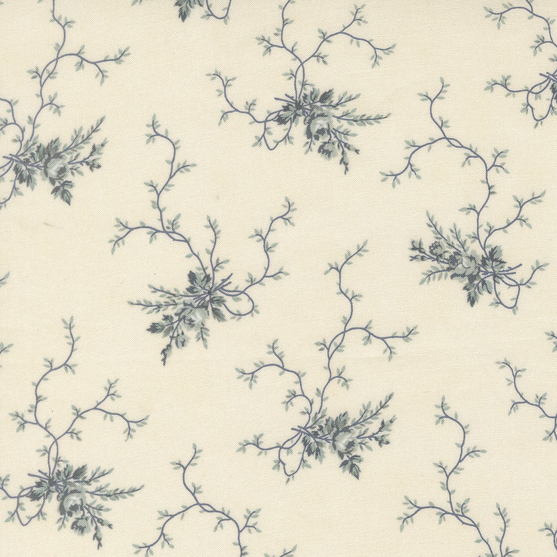 Posliininvalkoinen puuvillakangas siniharmailla ruusukimpuilla ja köynnöksillä – Breathtaking Blues Rose Garden Florals 44402-11, 3 Sisters Moda Fabrics