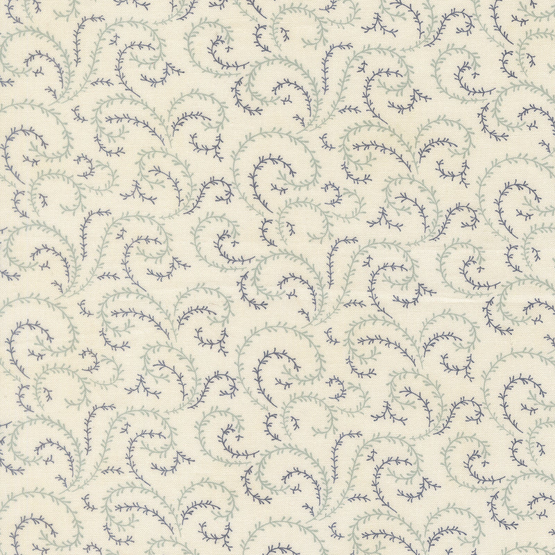 Posliininvalkoinen puuvillakangas siniharmailla ja salviavihreillä köynnöskiehkuroilla – Breathtaking Blues Vine Blenders Porcelain 44407-11, 3 Sisters Moda Fabrics