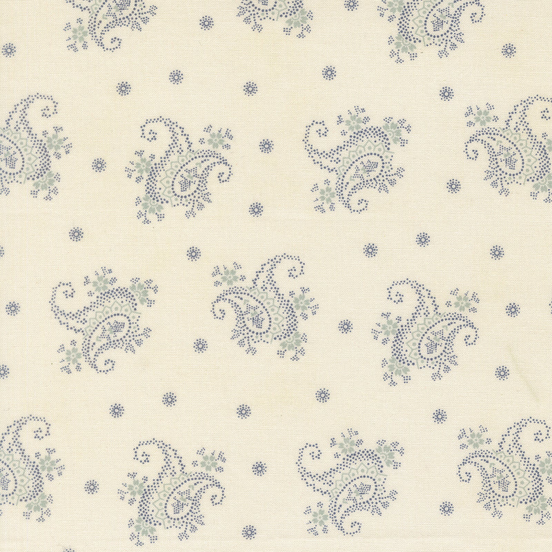 Posliininvalkoinen puuvillakangas siniharmailla paisley-kuvioilla ja pienillä kukilla – Breathtaking Blues Paisley Porcelain 44405-11, 3 Sisters Moda Fabrics