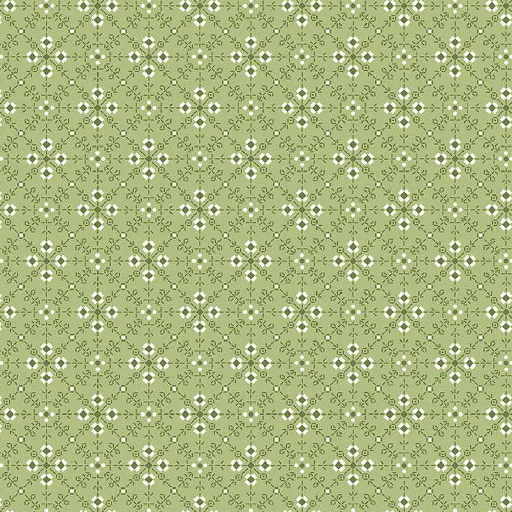 Lori Holtin Bee Plaids -kokoelman Hommade Granny Apple -puuvillakangas. Vihreä pohja, kukkakuviot, sopii tilkkutöihin ja käsitöihin.