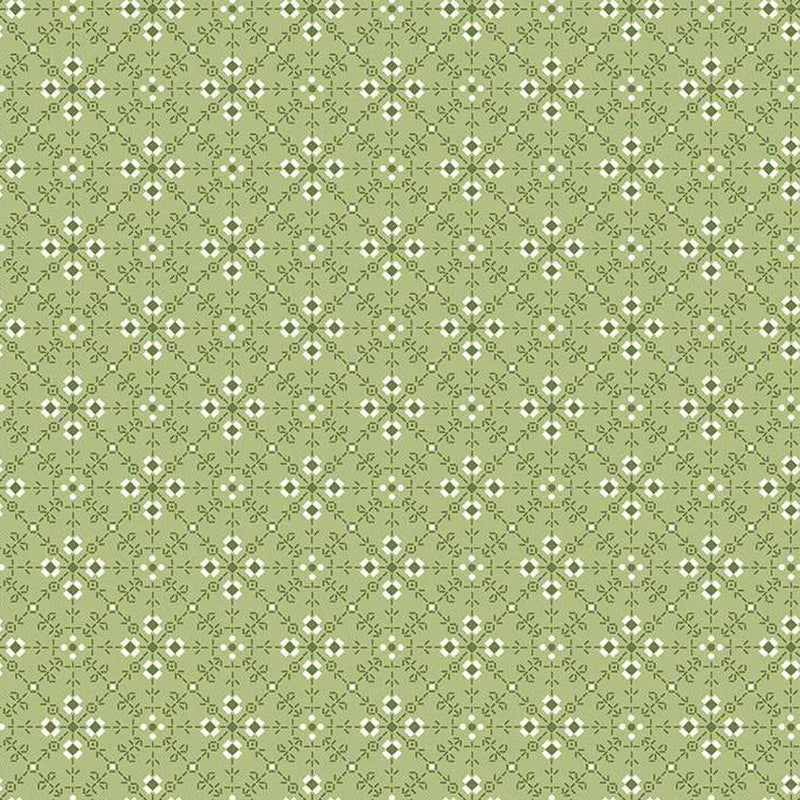 Lori Holtin Bee Plaids -kokoelman Hommade Granny Apple -puuvillakangas. Vihreä pohja, kukkakuviot, sopii tilkkutöihin ja käsitöihin.