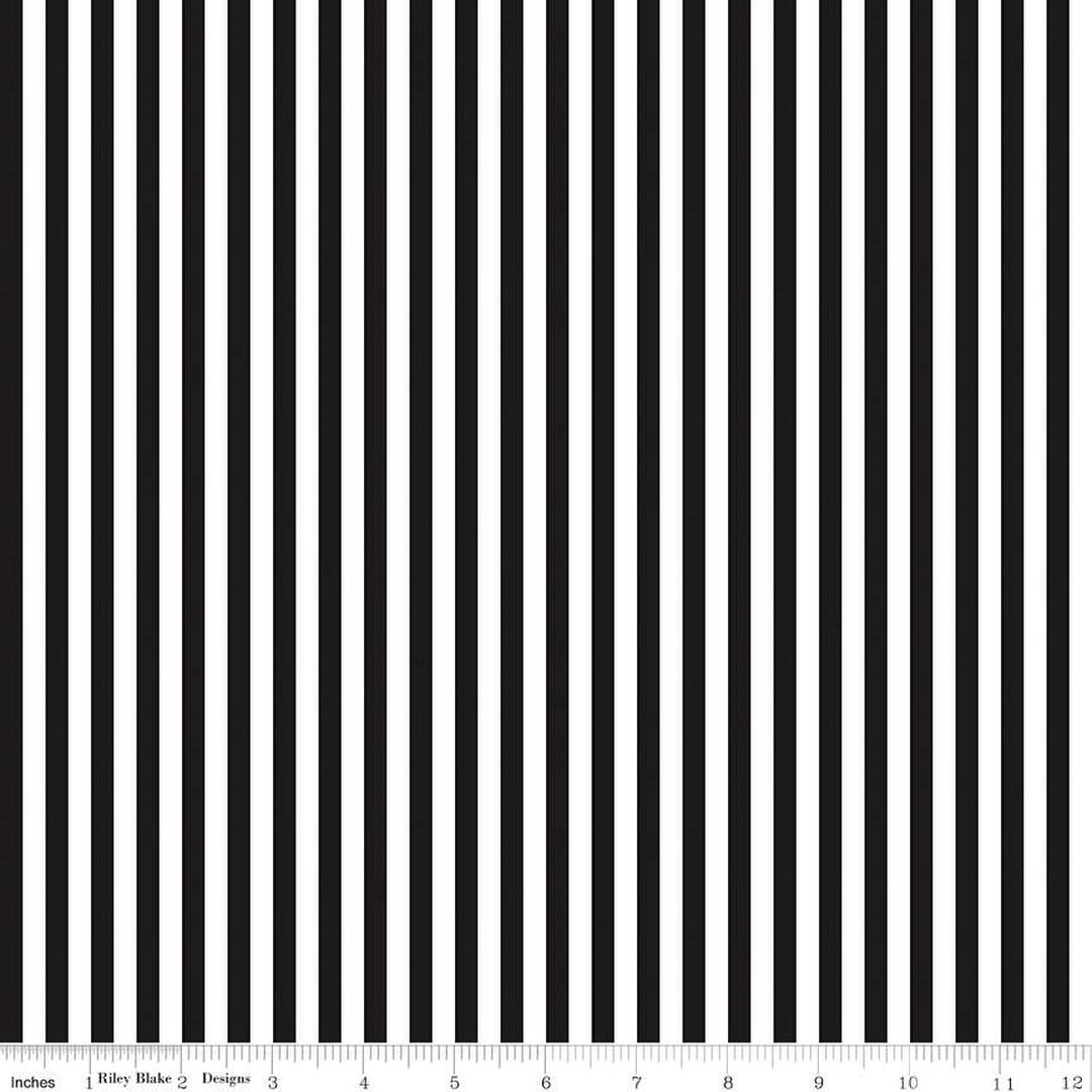Riley Blake Designs 1/4" Stripes Black raidallinen puuvillakangas, 6 mm leveä musta-valkoinen raitakuvio, täydellinen tilkkutöihin ja käsitöihin.