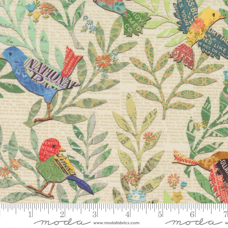Cathe Holdenin Paper Hamlet kokoelman Birds Paper -puuvillakangas, vintage-tyylinen printti, jossa on laululintuja ja paperimaisia kuvioita.