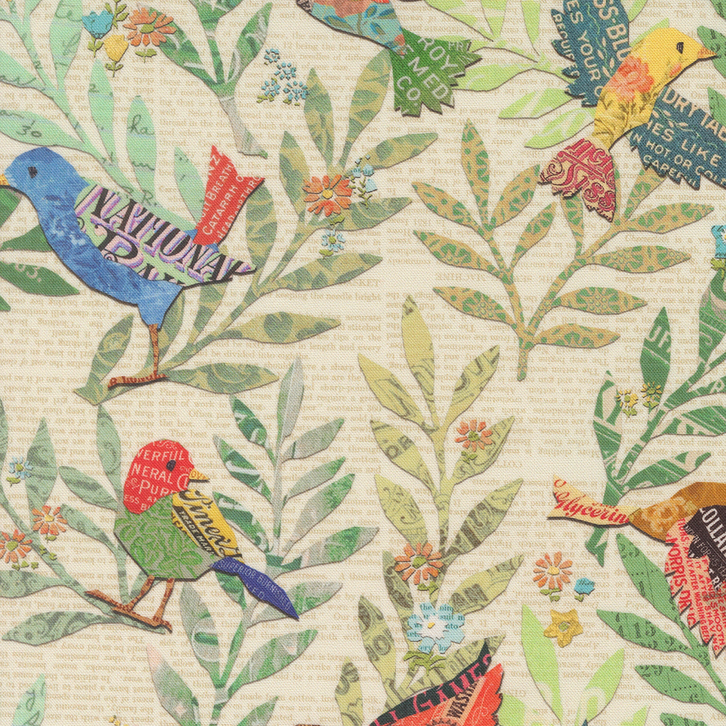 Cathe Holdenin Paper Hamlet kokoelman Birds Paper -puuvillakangas, vintage-tyylinen printti, jossa on laululintuja ja paperimaisia kuvioita.