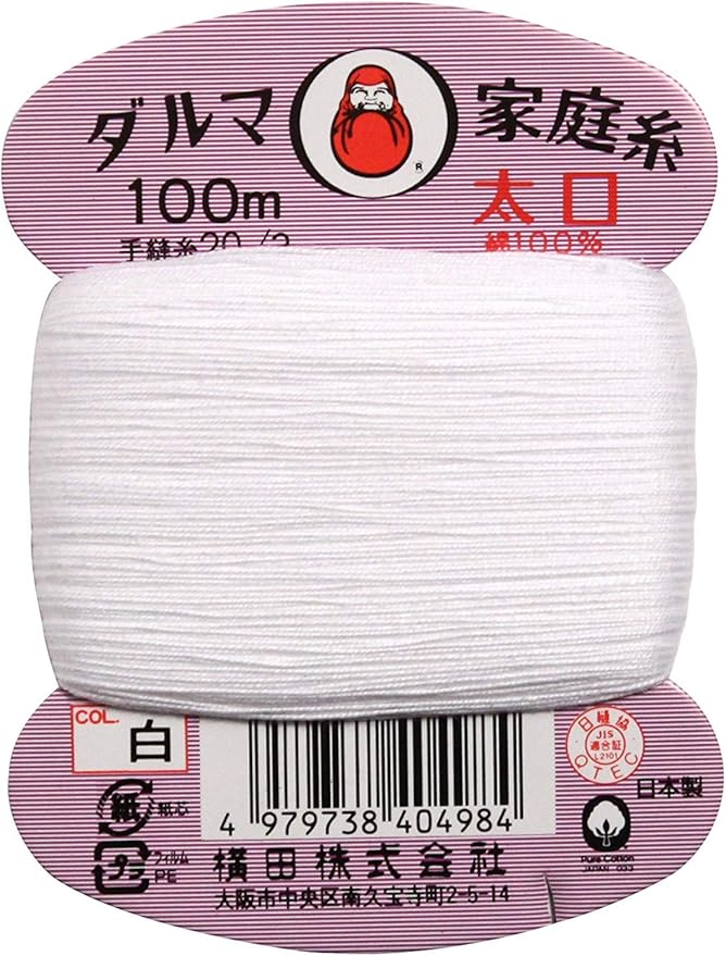 DARUMA käsinompelulanka 20wt, 100 m, valkoinen – puuvillalanka napinompeluun ja sashikoon