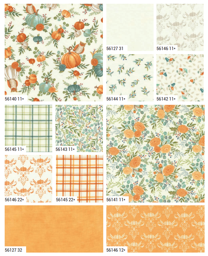 Deb Strain – I Love Fall Most of All kokoelma, syksyisissä sävyissä kurpitsoilla, pöllöillä ja lehtikuvioilla.