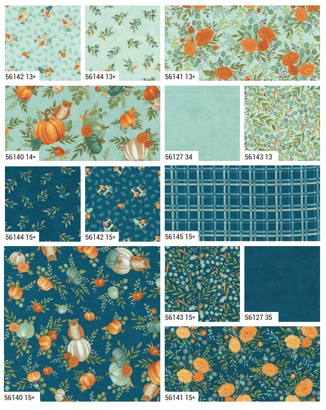 Deb Strain – I Love Fall Most of All kokoelma, syksyisissä sävyissä kurpitsoilla, pöllöillä ja lehtikuvioilla.