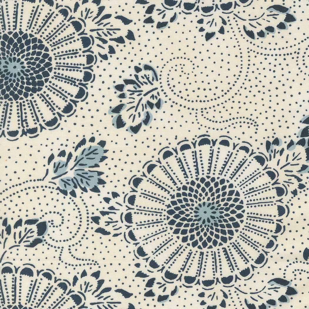 Debbie Maddyn Indigo Blooming -kokoelman indigonsininen kukkakuvioinen puuvillakangas, joka on saanut inspiraationsa vintage-japanilaisista tekstiileistä.
