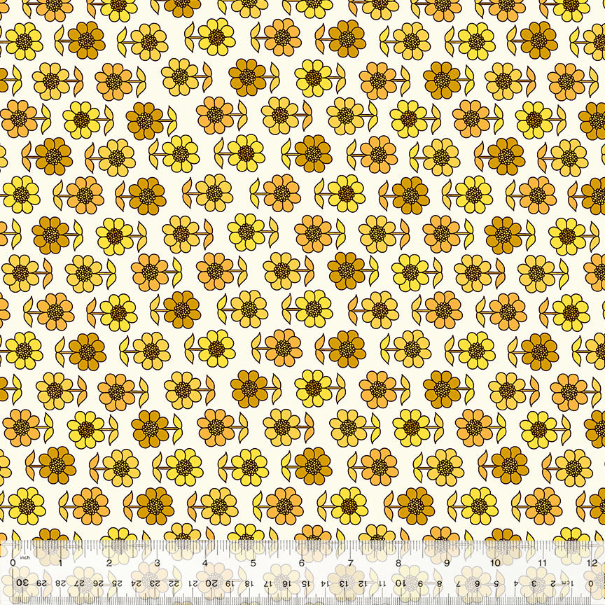 Denyse Schmidt Bonny Daisy Yellow 53641-3 puuvillakangas – keltaiinen kukka-aiheilla kuvioitu kangas tilkkutöihin.