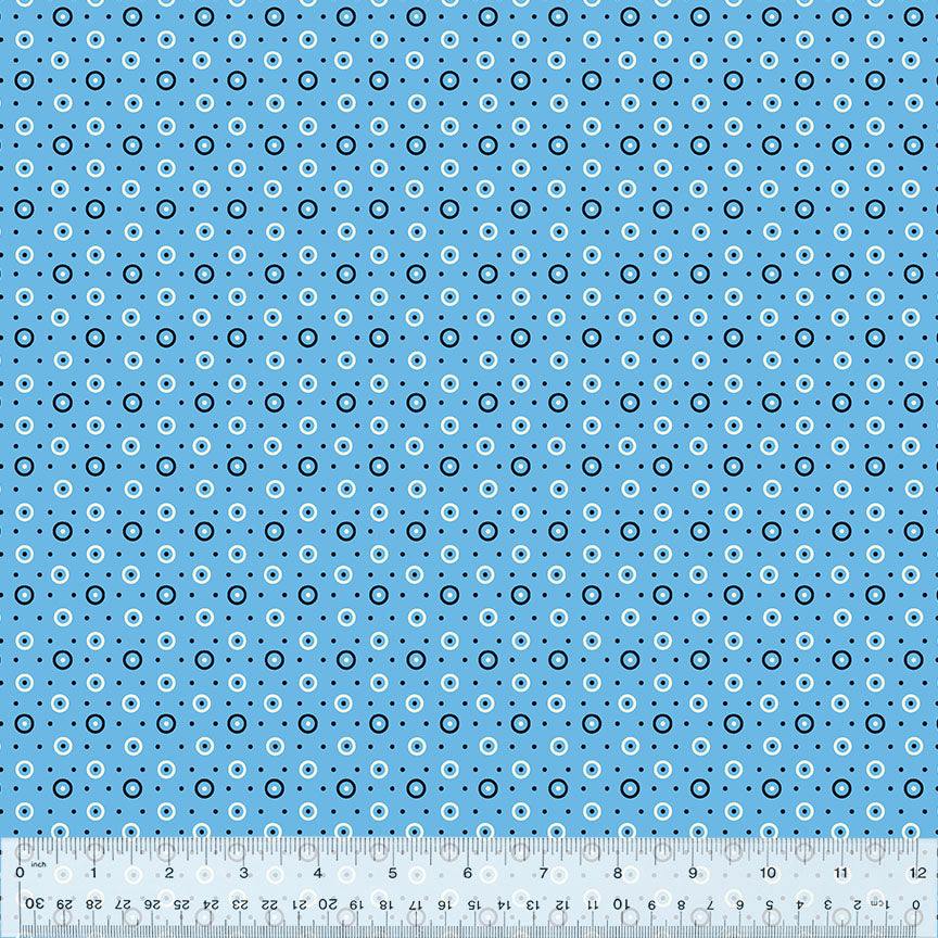 Denyse Schmidt Bonny kokoelman Dot and Circle Blue 53643-4 puuvillakangas – sinisävyinen geometrisilla ja täpläkuvioitu kangas tilkkutöihin.