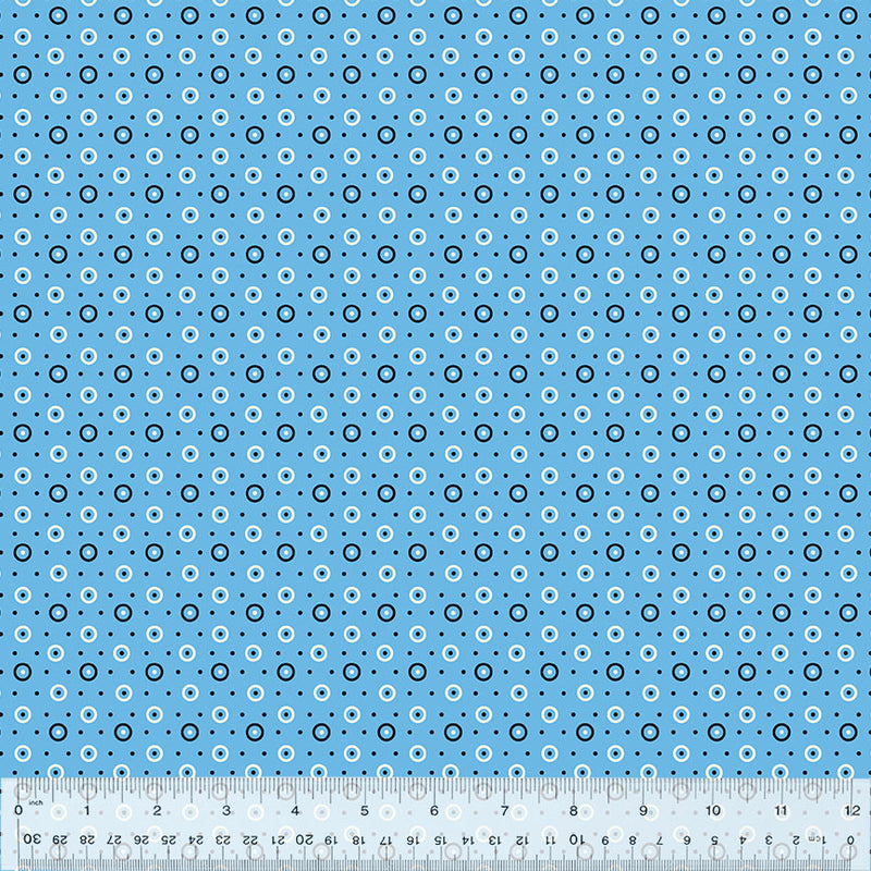 Denyse Schmidt Bonny kokoelman Dot and Circle Blue 53643-4 puuvillakangas – sinisävyinen geometrisilla ja täpläkuvioitu kangas tilkkutöihin.