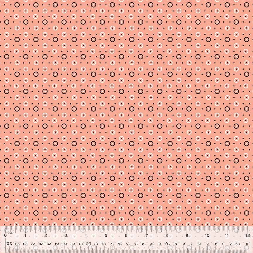 Denyse Schmidt Bonny kokoelman Dot and Circle Coral 53643-8 puuvillakangas – persikansävyinen geometrisilla ja täpläkuvioitu kangas tilkkutöihin.