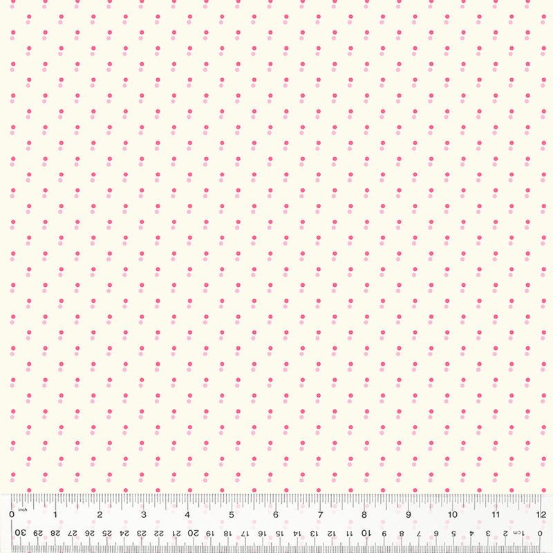 Denyse Schmidt Bonny Double Dot Pink 53648-2 puuvillakangas – vaaleanpunaiset geometrinen täplät vaalealla pohjalla, tilkkutöihin.