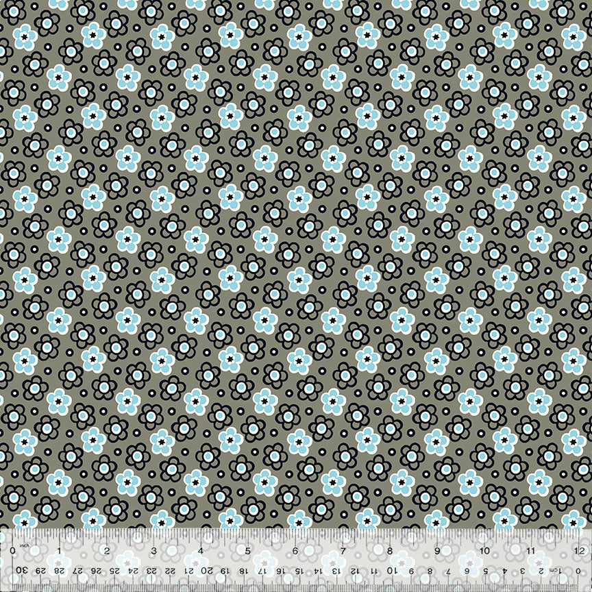 Denyse Schmidtin Bonny kokoelman Shadow Posy Grey 53642-6 puuvillakangas – harmaansävyinen geometrisilla ja kukkakuvioitu kangas tilkkutöihin.