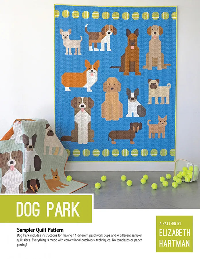 Elizabeth Hartmanin Dog Park EH-076 on paperinen tilkkutyöohje koirateemaiseen peittoon. 11 koiraa mallia.