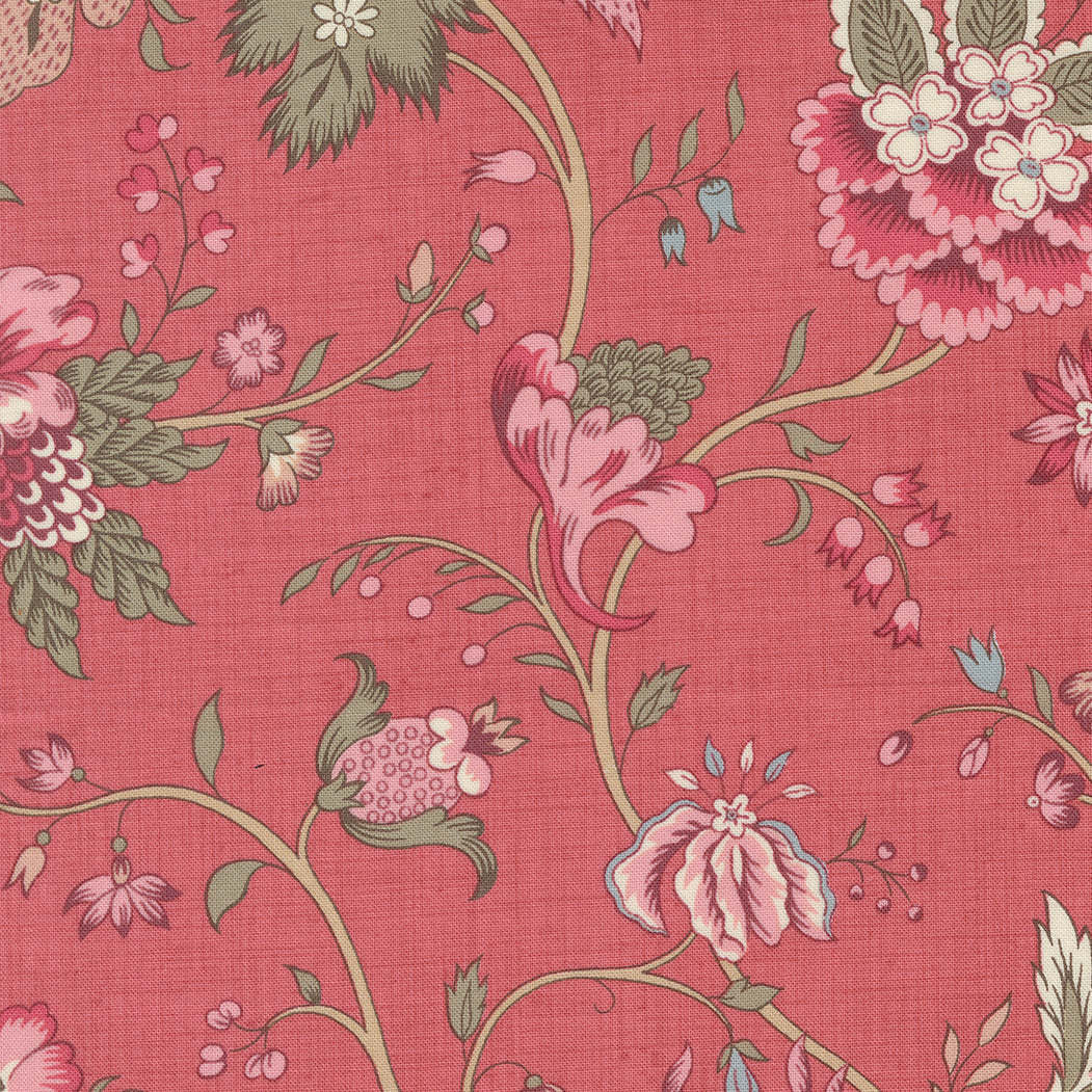 French Generalin Antoinette kokoelman Cecile Faded Red 13951-15 puuvillakangas, vaaleanpunaiset kukkakuviot, punaisella pohjalla.