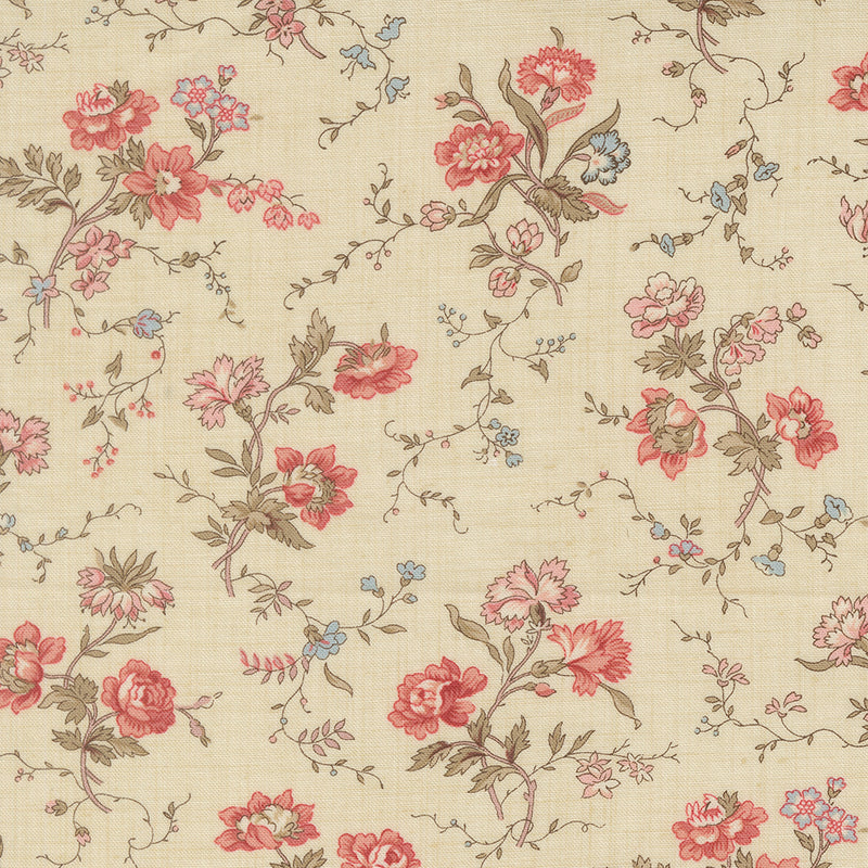 French General Fleur de Paris Parterre Florals Pearl puuvillakangas vaalea pohja romanttisella vintage kukkakuosilla