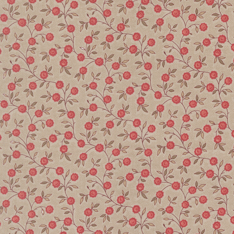 French General Fleur de Paris Topiare Florals Smoke puuvillakangas beige pohja pienellä korallisella kukkakuosilla