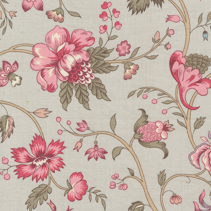 French Generalin Antoinette kokoelman Cecile Smoke 13951-12 puuvillakangas, vaaleanpunaiset kukkakuviot, vaaleansinisellä pohjalla.