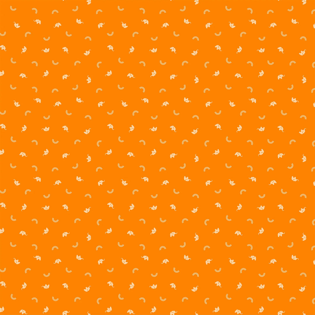 Oranssipohjainen puuvillakangas, jossa pieniä elefanttikuvioita. Ghazal Razavin suunnittelema Lucky Charms -kokoelman Elephants Orange -kangas Figo Fabricsilta.